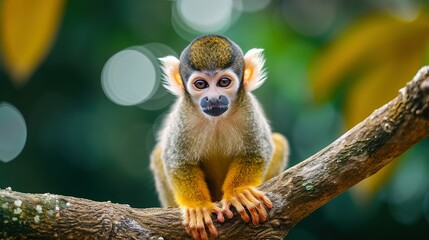 Fototapeta premium Cute small monkey sitting on branch, looking at camera generated by AI