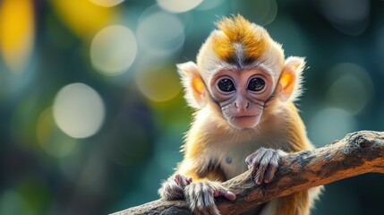 Fototapeta premium Cute small monkey sitting on branch, looking at camera generated by AI