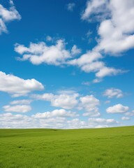 Fototapeta premium Green field under blue sky with white clouds
