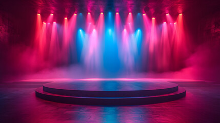 Modern dance stage light background with spotlight for modern dance production stage. Empty stage with dynamic color washes.  - obrazy, fototapety, plakaty