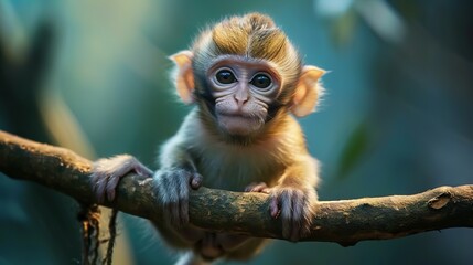 Cute small monkey sitting on branch, looking at camera generated by AI