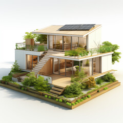 Fototapeta premium Green, eco friendly, environmently friendly house modern 3D model design with solar panels and garden