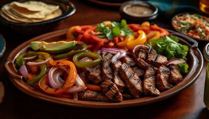 Fototapeta premium Grilled meat and vegetables on a fresh plate, gourmet lunch generated by AI
