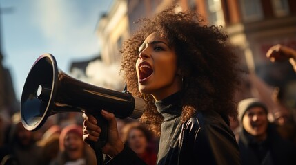 Young woman speaking through a megaphone at a protest - obrazy, fototapety, plakaty