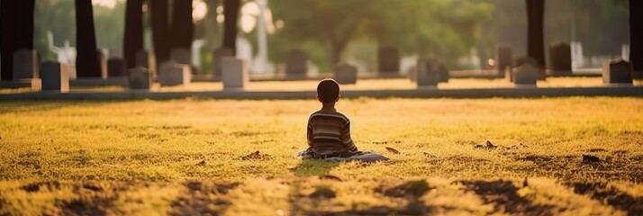 Sad child at a gravestone in a cemetery near a monument. Concept: grief from the loss of a loved one, burial and depression.
 - obrazy, fototapety, plakaty