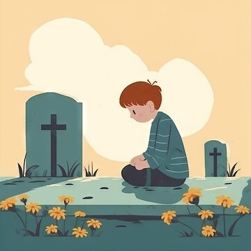 Illustration of a child with wings near a gravestone in a cemetery near a monument. Concept: grief from the loss of a loved one
