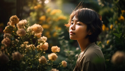 Naklejka premium One woman outdoors, smiling, surrounded by nature beauty and sunlight generated by AI