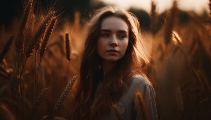 Young woman in a rural scene, smiling, looking at camera generated by AI