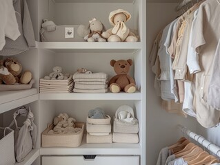 A neatly organized baby wardrobe featuring hanging clothes, plush toys, and folded garments on wooden shelves, embodying a warm and tidy nursery setting