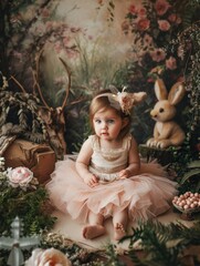 A whimsical portrayal of a young child dressed as a fairy princess, seated amidst a natural woodland setting, bathed in a golden light.