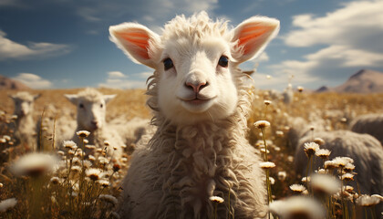 Fototapeta premium Cute alpaca grazing on a sunny meadow, fluffy and innocent generated by AI