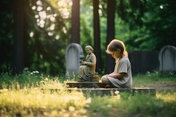 Sad child at a gravestone in a cemetery near a monument. Concept: grief from the loss of a loved one, burial and depression.
