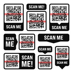 Scan me QR code sticker. Online payment. Special offer sale stickers, shopping discount label or promotional badge. Serial number, product ID. Supermarket retail label, price tag. Vector illustration