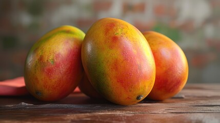 Fototapeta na wymiar Fresh juicy mango with leaves and water drops. Healthy exotic fruits background