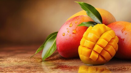 Fresh juicy mango with leaves and water drops. Healthy exotic fruits background