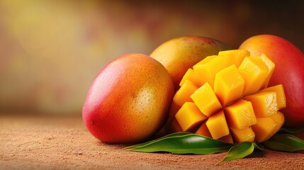 Fresh juicy mango with leaves and water drops. Healthy exotic fruits background