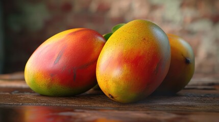 Fototapeta na wymiar Fresh juicy mango with leaves and water drops. Healthy exotic fruits background