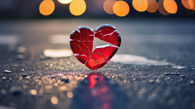 a broken heart on the asphalt, a glass heart broken into small pieces. Love falling apart concept