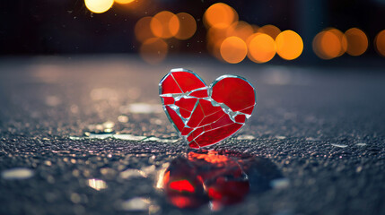 a broken red heart on the asphalt, a glass heart broken into small pieces, bokeh background