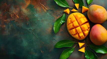 Fresh juicy mango with leaves and water drops. Healthy exotic fruits background with free place for text - obrazy, fototapety, plakaty