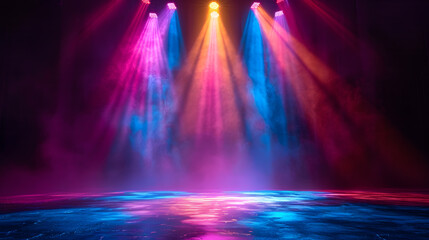 Theater stage light background with spotlight illuminated the stage.. Empty stage with bright colors backdrop decoration. Entertainment show.