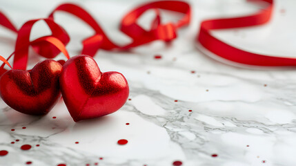 Red hearts with red satin ribbon on marbled background, elegant romance. Minimalistic St Valentine's day concept. Satin ribbons and red hearts on white marble