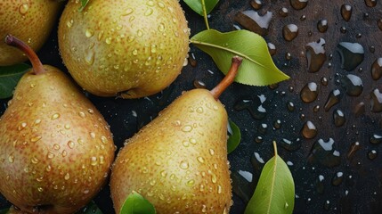 Fresh juicy pears with water drops. Healthy fruits background