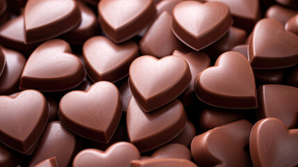 Fototapeta premium heart shaped chocolates, A close up of chocolate hearts on a table, Heart shaped chocolate candies background. Sweets background. Top view.