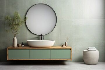Bathroom interior with green tiles and round mirror