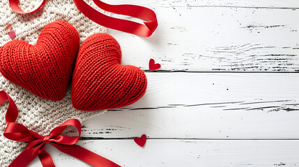 Knitted red hearts with a ribbon on white wooden background, copy space. Cozy Valentine's concept with crochet hearts and satin ribbon, rustic white wood. Handmade red hearts on white,