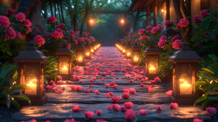 Fototapeta na wymiar Warm Evening Ambience with a bunch of Rose Petals on a Pathway