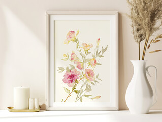 A serene and minimalist home setup with framed watercolour flowers.