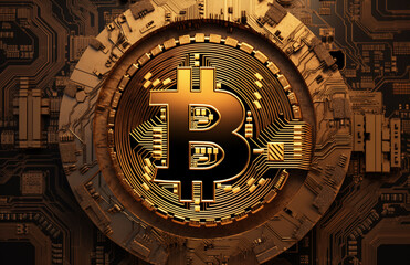 Bitcoin Münze aus Gold, digitales Gold, Kryptowährungen sind alternative digitale Währungen