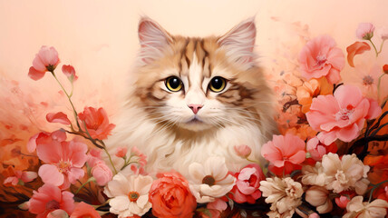 Floral portrait of a Siberian breed cat on a colored background. Cat with spring flowers on peach background. Digital art painting. Design for puzzles, coloring by numbers. Pantone color 2024