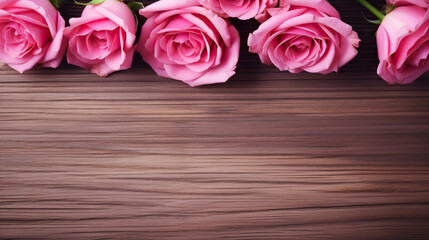 Pink roses on a wooden table, copy space, Mother's Day, Valentine's Day background