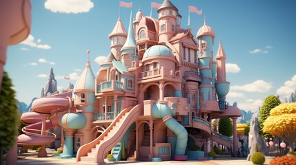 A whimsical pink castle playground with blue and green accents and a blue sky