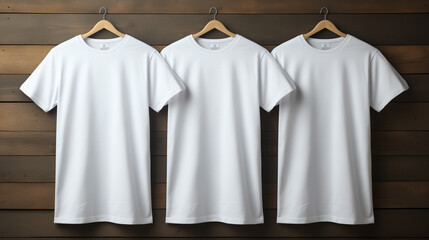 White t-shirt on hangers on wooden background. Mock up set