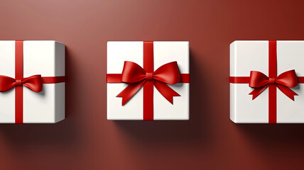 Three beautifully wrapped gift boxes adorned with elegant red ribbons and bows, presented against a rich, warm burgundy background. The pristine white boxes for conveying the joy and anticipation.