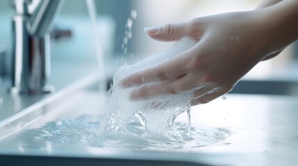 Closeup of a hand scrubbing a sink with running water to maintain hygiene