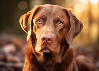 Obraz premium Brauner Labrador, Hübscher schokoladenfarbener Labrador im Sonnenuntergang
