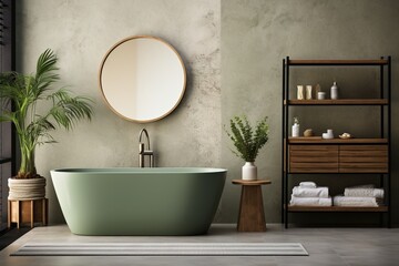 Modern bathroom interior with green bathtub and wooden shelf
