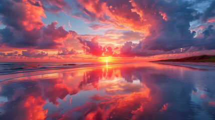 A stunning image of a sunset with clouds reflected on the sand 