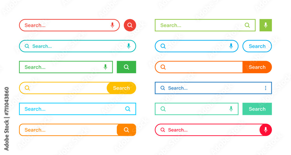 Poster Colorful search bar templates. Internet browser engine with search box, address bar and text field. UI design, website interface element with web icons and push button. Vector illustration