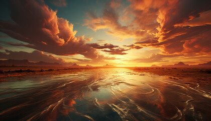 Sunset over the tranquil sea, a golden sky reflects on water generated by AI