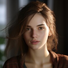 Naklejka premium Portrait of a young woman with brown hair and brown eyes