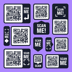 Scan me QR code sticker. Online payment. Special offer sale stickers, shopping discount label or promotional badge. Serial number, product ID. Supermarket retail label, price tag. Vector illustration