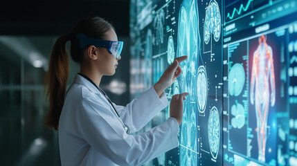 Modern healthcare training: lady doctor explores patient data on futuristic digital board