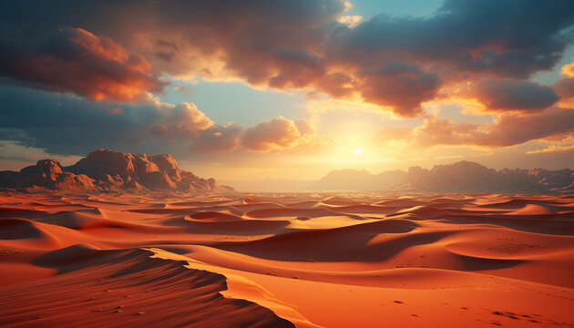 Sand dune landscape, sunset sky, sunlight on arid terrain generated by AI © Jeronimo Ramos
