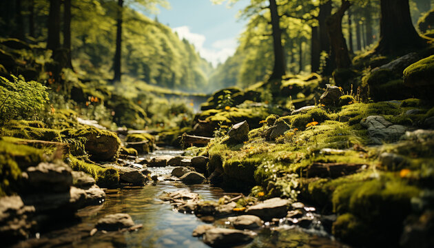 Tranquil scene of a non urban forest with flowing water generated by AI