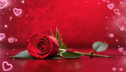 Valentines day background with single red rose on velvet red background, little hearts on the sides